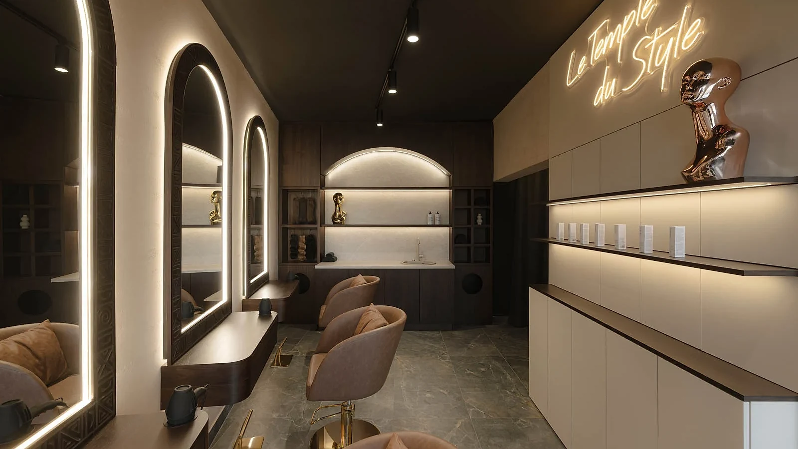 Women's styling area with illuminated mirrors, custom cabinetry and French neon lettering