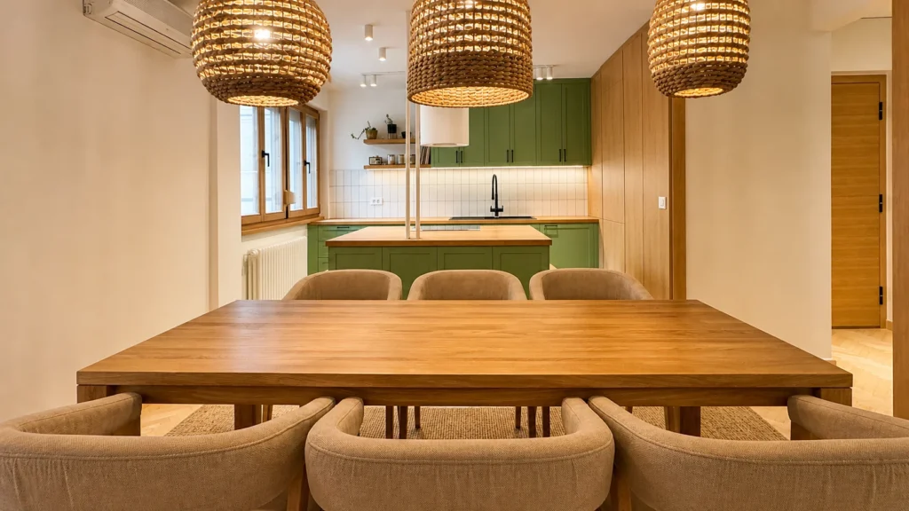 MC33 Apartment view across the dining table toward the green kitchen island and natural timber joinery