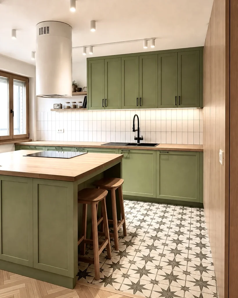 MC33 Apartment green kitchen with timber island, black fixtures and patterned ceramic floor