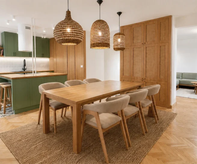 MC33 Apartment open-plan dining area and muted green kitchen with natural timber furniture