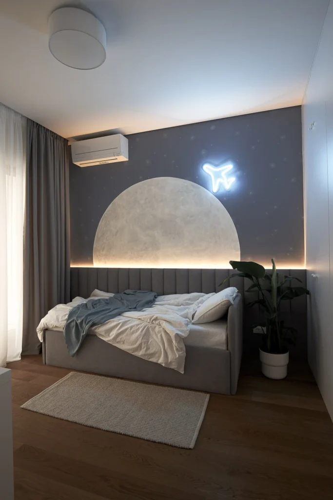 KMR children’s room with a dark accent wall, illuminated mural and upholstered bed