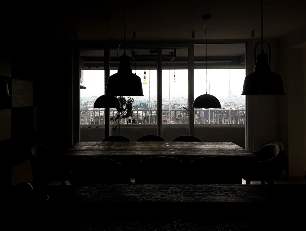 Evening view from the A75 Apartment open-plan living area toward the Belgrade skyline