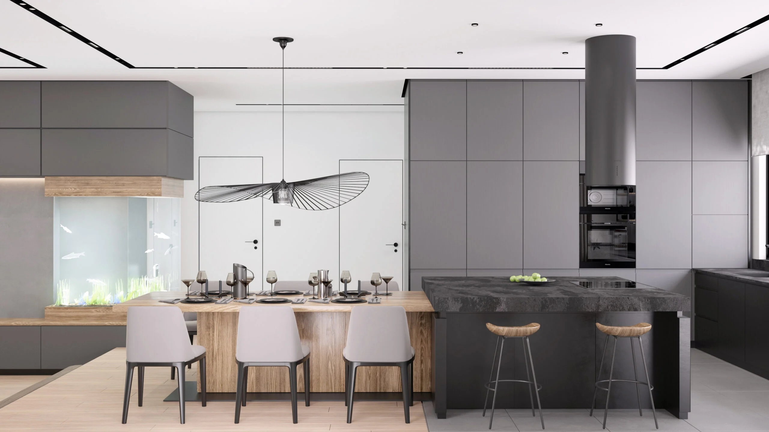Kovačevac House open kitchen and dining area centred on a sculptural island hood