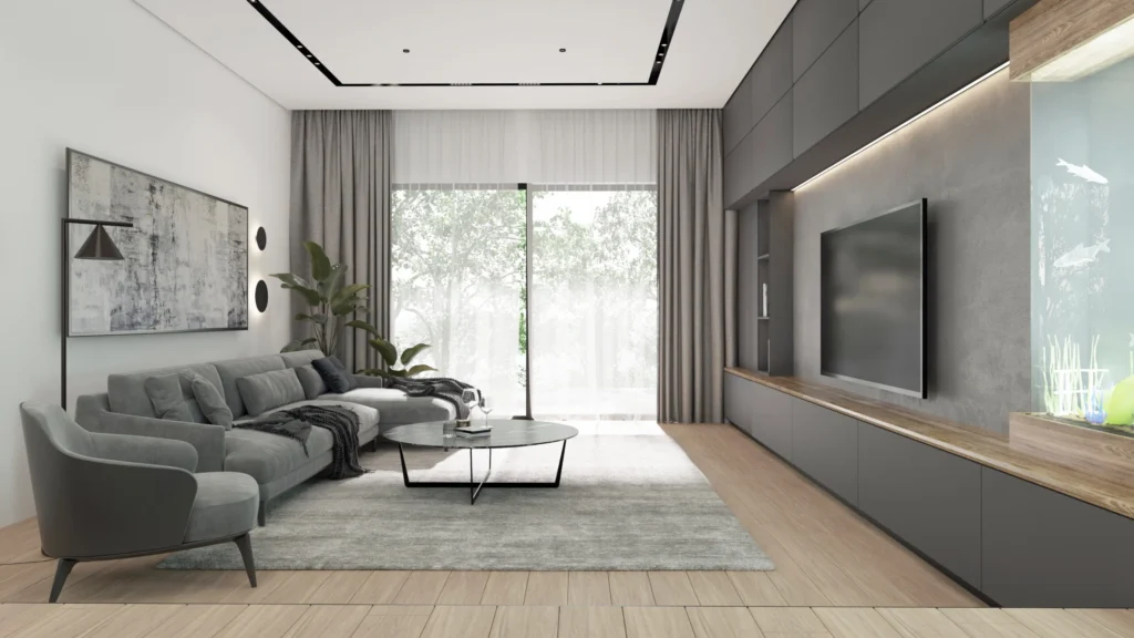 Kovačevac House living room with soft grey seating, garden views and a dark media wall