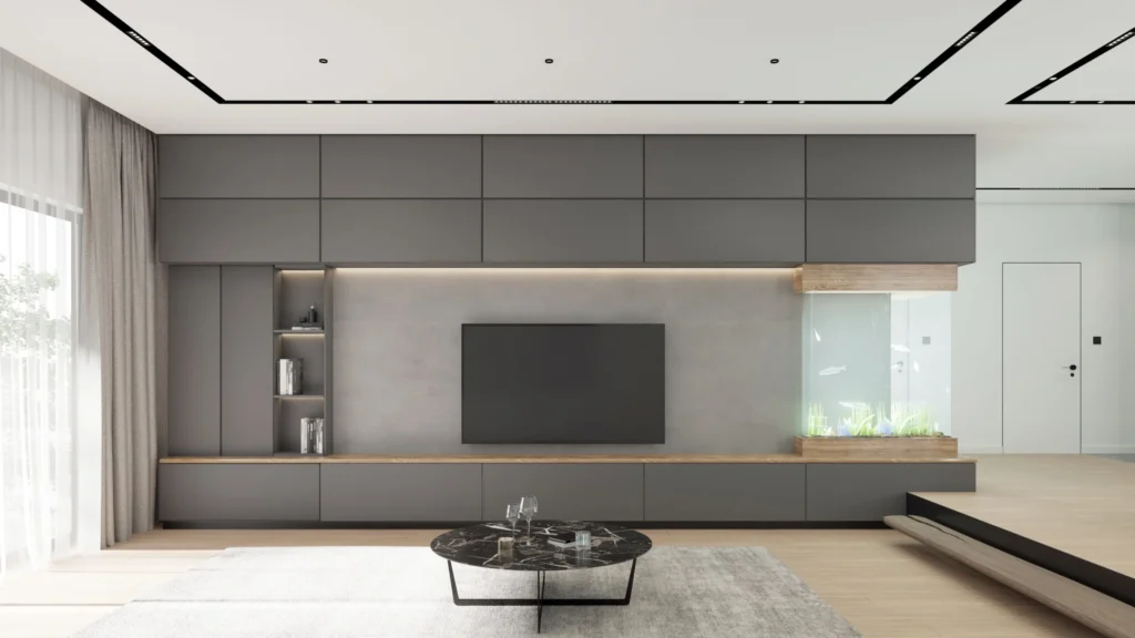 Custom dark media wall, integrated aquarium and raised platform in Kovačevac House