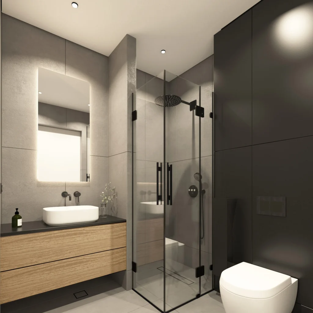 Compact Kovačevac House bathroom with dark surfaces, timber vanity and glass shower