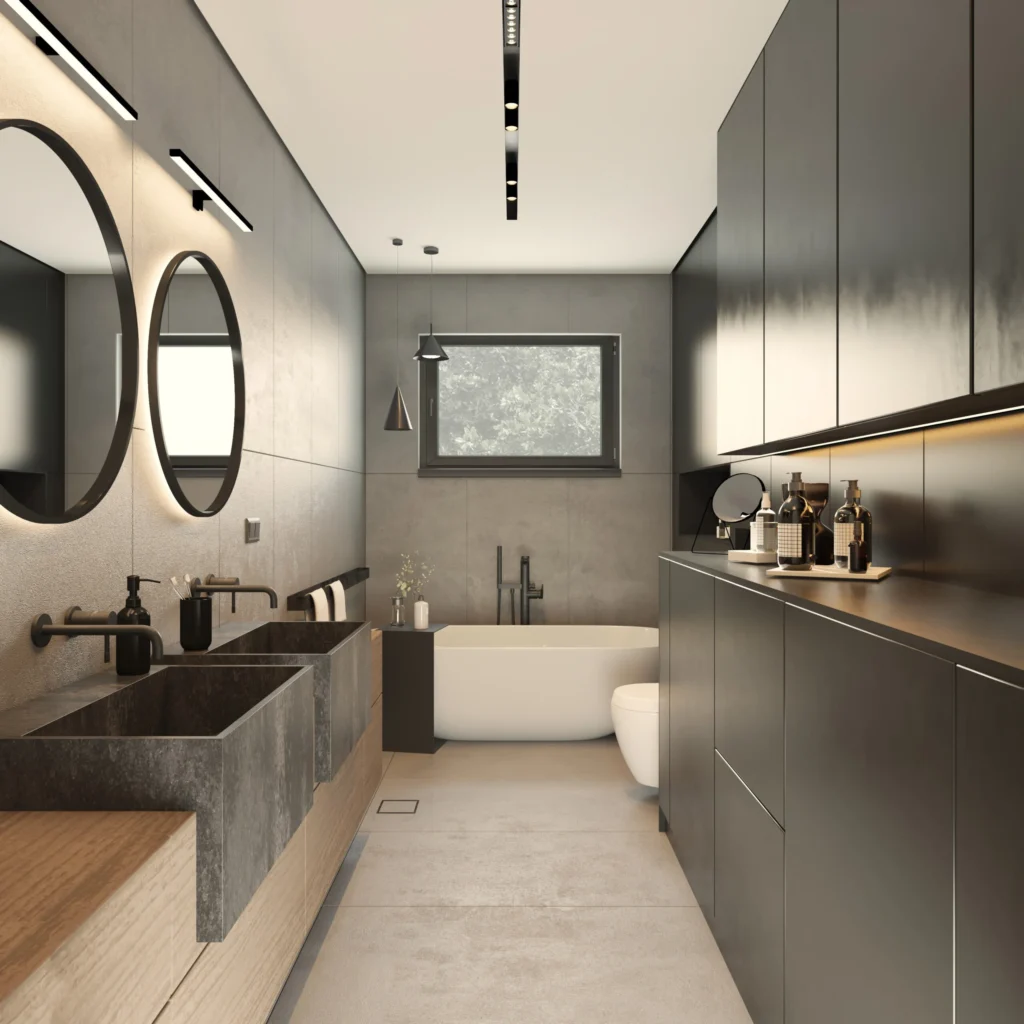 Kovačevac House bathroom with twin round mirrors, dark cabinetry and a freestanding bath