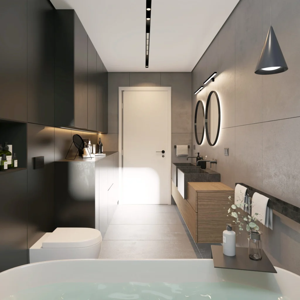 View across the Kovačevac House bathroom toward the timber vanity and freestanding bath