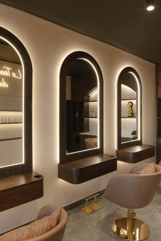 Tan styling chairs arranged along illuminated arched mirrors in the women's salon area