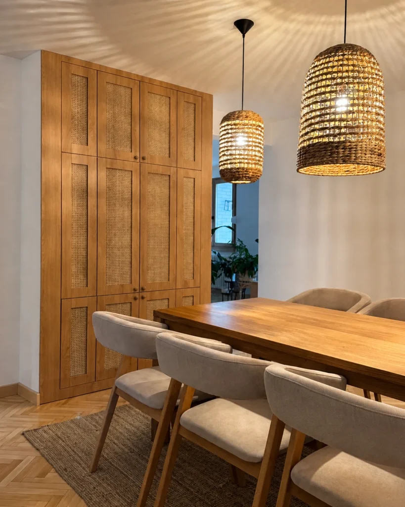 MC33 Apartment dining area beside full-height natural timber storage with rattan fronts