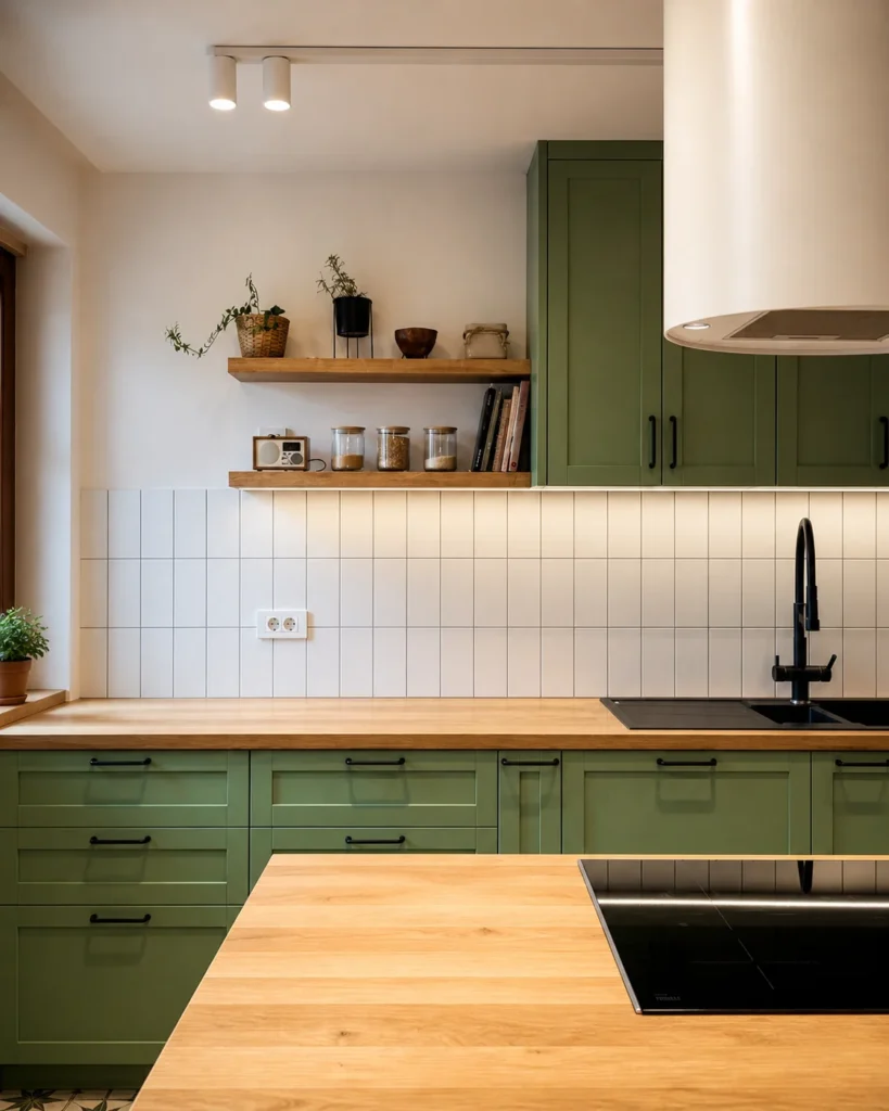 MC33 Apartment kitchen detail with muted green cabinetry, timber worktop and open shelving