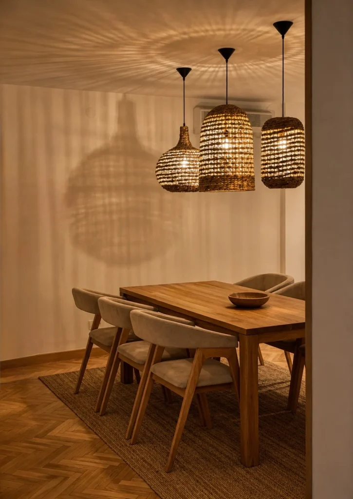 MC33 Apartment dining area with solid wood furniture and woven rattan pendant lights