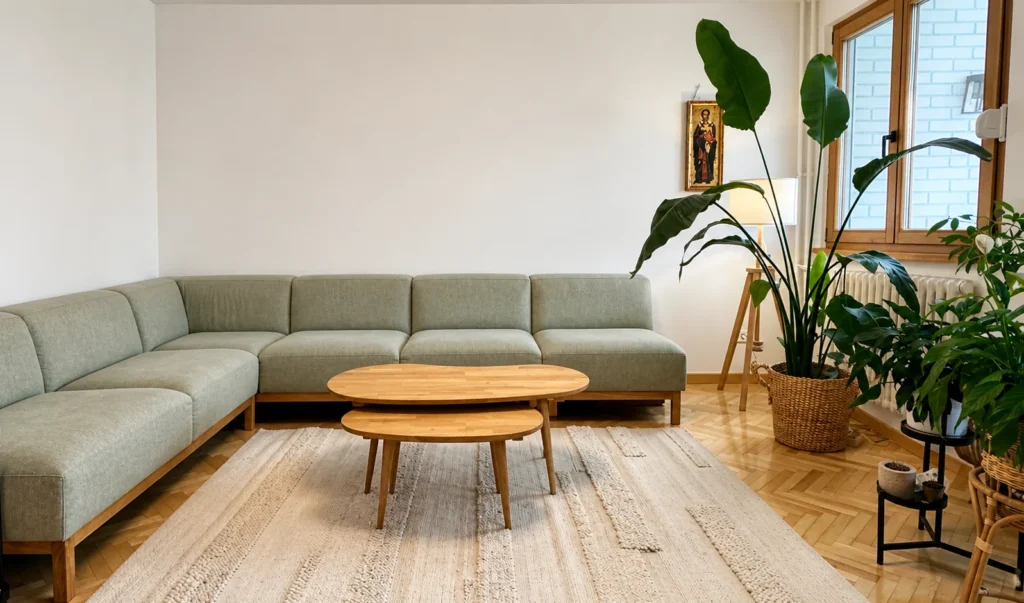 MC33 Apartment living room with muted green sectional sofa, solid wood tables and indoor planting