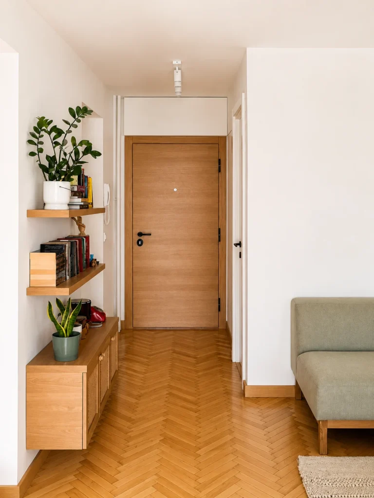 MC33 Apartment entrance hall with natural timber door, shelving and herringbone parquet