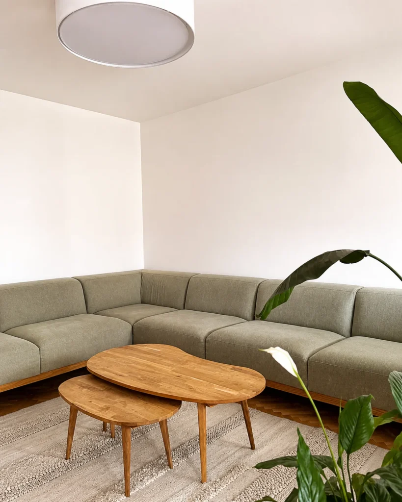 MC33 Apartment living area with curved green sectional, nesting wood tables and leafy plants
