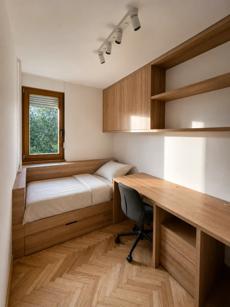 MC33 Apartment children’s room with built-in timber bed, desk and overhead storage