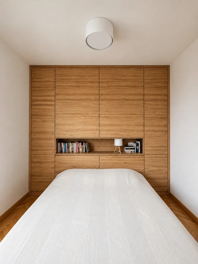MC33 Apartment children’s bedroom with integrated bed and full-height timber wardrobe wall