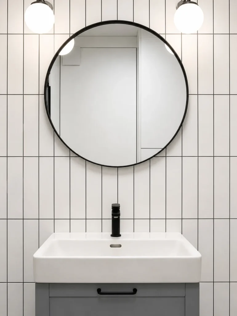 MC33 Apartment bathroom vanity with round black mirror and white grid tiles