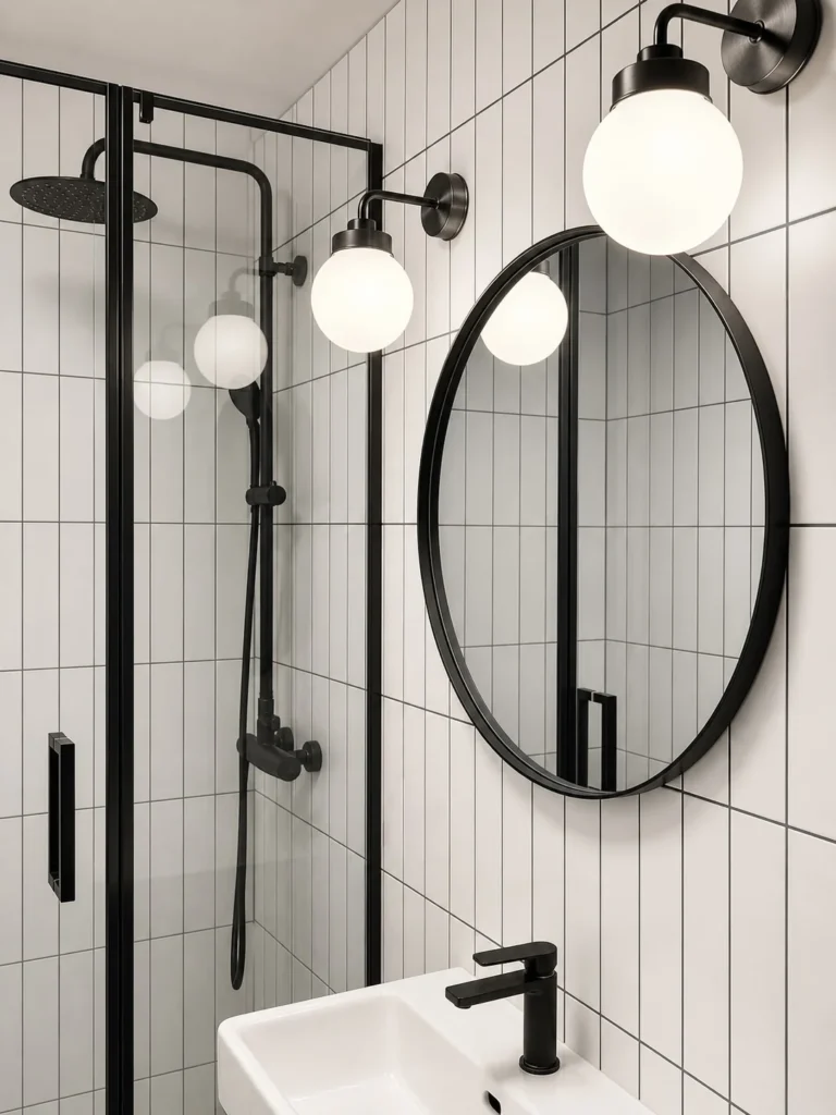 MC33 Apartment shower with black framing, globe lights and round mirror