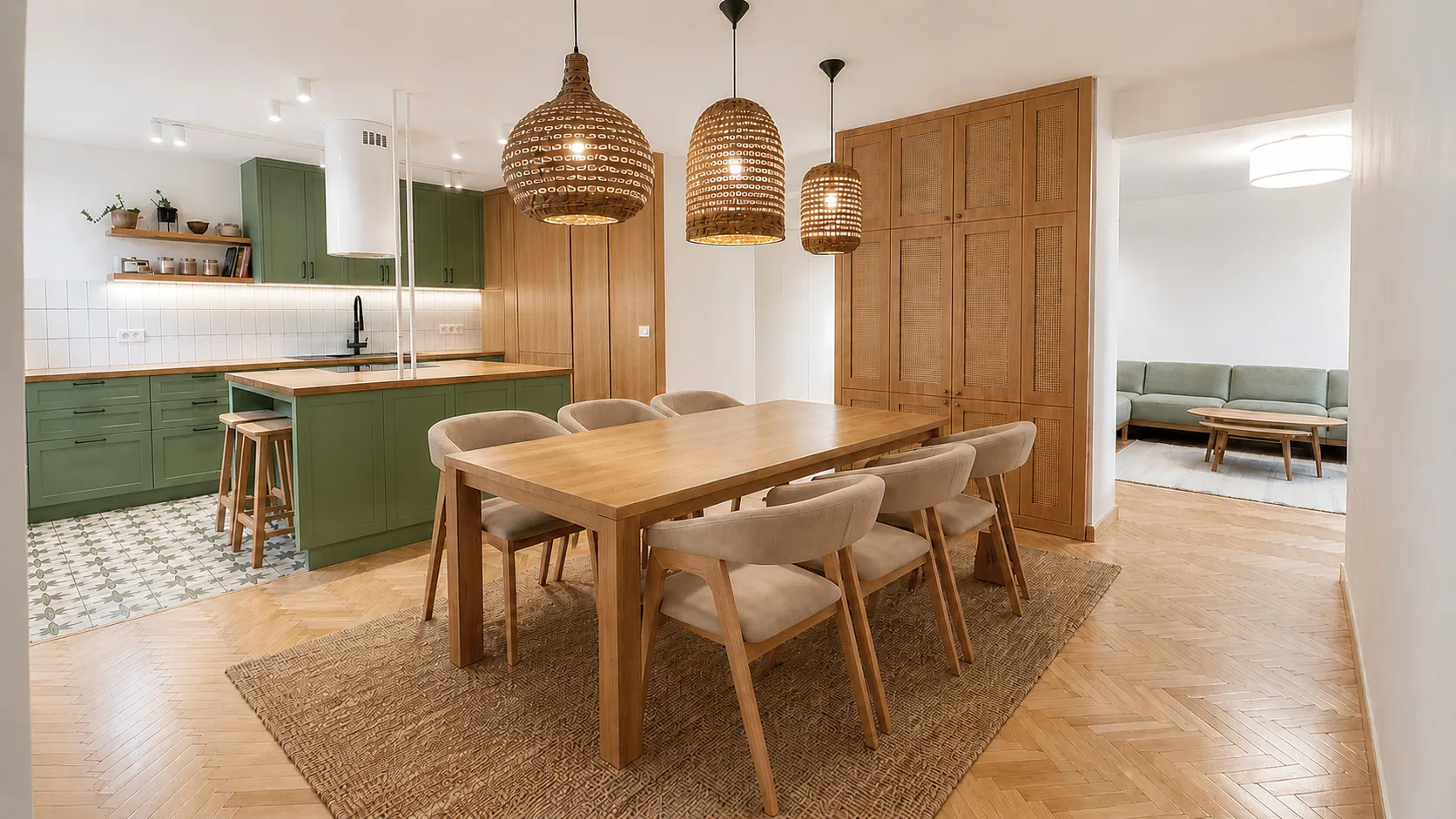 MC33 Apartment open-plan dining area and muted green kitchen with natural timber furniture